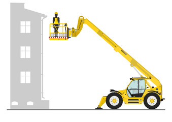 Non rotating telehandler with bucket on a white background. Flat vector