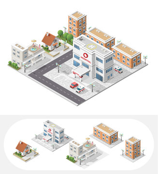 Isometric High Quality City Element with 45 Degrees Shadows on White Background
