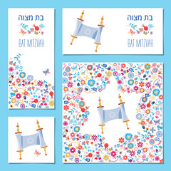 Set of Bat Mitzvah invitation cards with torah scroll and floral ornament. Templat