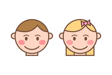 Happy cartoon laughing boy and girl character. Happy boy and girl face emotion