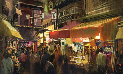 Fototapeta premium crowd of people walking in the market at night,digital painting