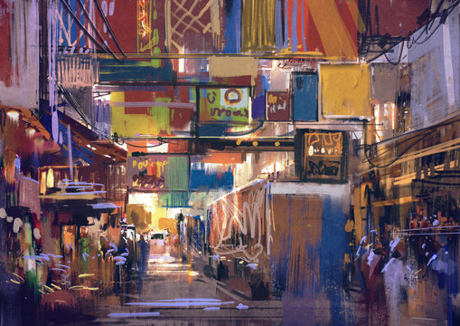 digital painting of colorful street market,illustration