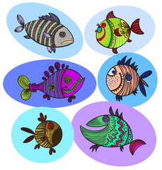 six fish doodle colored drawing
