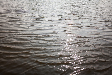Calm surface of real river water with sunlight reflection. Horizontal color photo. Shiny water background.
