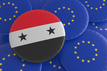 Syria And The European Union: Syrian Flag And EU Flag Badges, 3d illustration