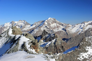 View from Mittelallalin Station. Overlooking glaciers and the highest peaks of the Swiss Alps.