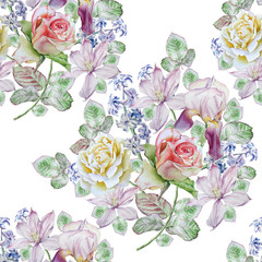 Seamless pattern with spring flowers. Rose. Iris. Hyacinth. Clematis. Watercolor.