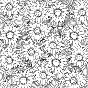 Coloring page for adult, anti stress coloring and other decoration. Zentangle design. Decorative detailed pattern with artistic flowers and plants. Black and white illustration