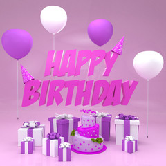 Happy Birthday 3D Illustration, Render Of 3D Letters, Balloons, Gifts And Cake, Purple Version