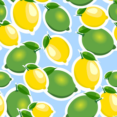 Seamless pattern with big lemons and limes with leaves. Blue background.