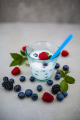 Yogurt with fresh berries fruit on light background.