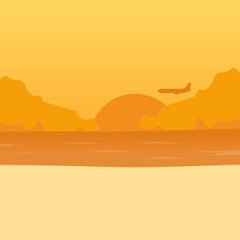 Travel illustration. Flat vector. Sunset. Cartoon background for game design. Game location