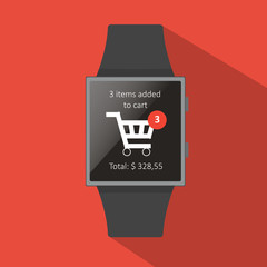 Smart watch with shop cart icon, flat concept  long shadow.Cartoon style. Vector illustration. Red background.