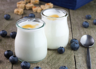 White yogurt in transparent bottle.