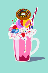 Glass with a milkshake with a whipped cream, with a donut and a cherry. Isolated vector illustration flat design.