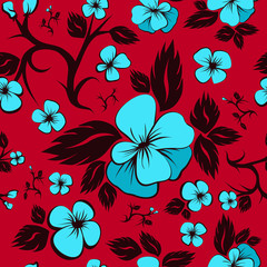 Bright floral seamless pattern. Blue and red. Azure flowers. Floral Fabric

