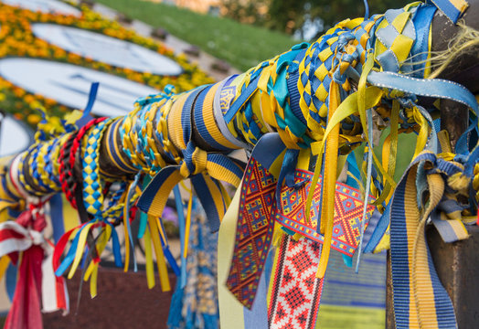 Ribbons with the symbols of Ukraine and the European Union