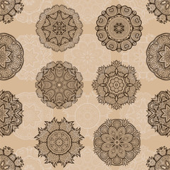 Seamless pattern with round decorative ornaments, beige floral vector