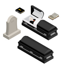 Funeral set. Dead man in coffin. Open black casket with dead. Ho