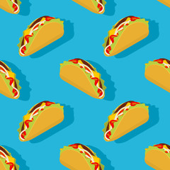 Taco seamless pattern. Traditional Mexican food background. Corn