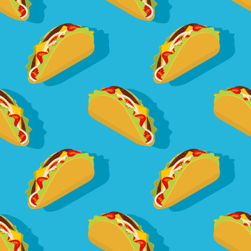 Taco seamless pattern. Traditional Mexican food background. Corn