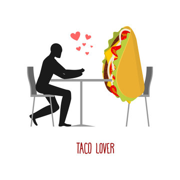 Lover taco. Lovers in cafe. Man and fastfood sitting at table. M
