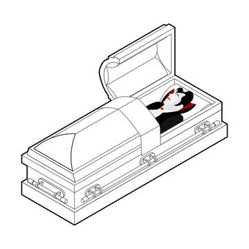 Dracula in coffin. Vampire Count in an open coffin. Ghoul in cas