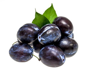 Plums on a white background, purple plums isolated on the white background 