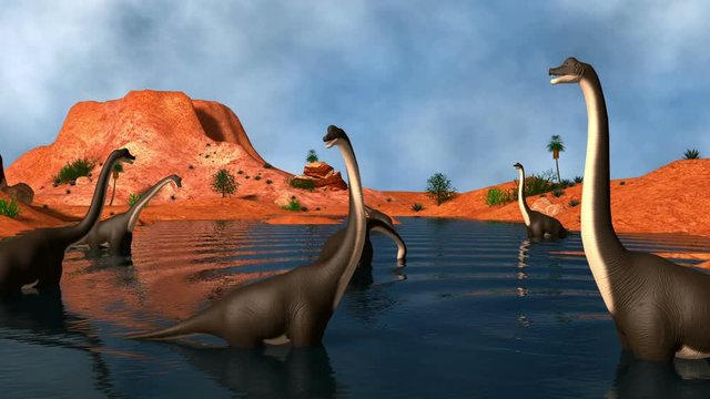 Group of Brachiosaurus dinosaurs grazing in a prehistoric lake.