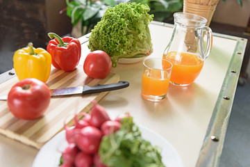 Fresh vegetables and juice at home