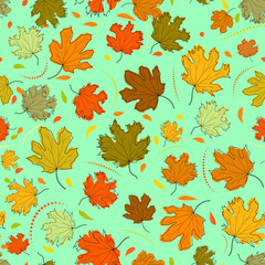 Fototapeta na wymiar Autumn seamless pattern of colored maple leaves on a light green background