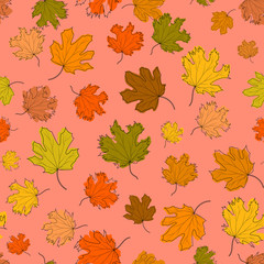 Obraz na płótnie Canvas Autumn seamless pattern of colored maple leaves on a pink background