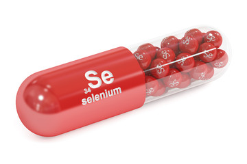 Capsule with Se selenium element Dietary supplement, 3D renderin - obrazy, fototapety, plakaty