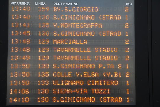 Public transport timetable for buses at Poggibonsi train station, Italy