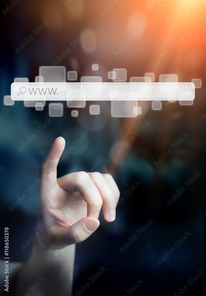 Poster woman using web address bar to surf on internet