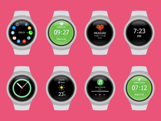 Smart watches wearable collection computer new technology. Vector Illustration. Pink background.