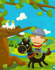 Cartoon funny scene with traditional happy character - knight - illustration for children