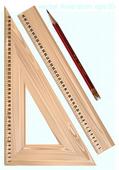 Wooden measuring ruler and a simple pencil on notebook sheet in the box. Vector illustration