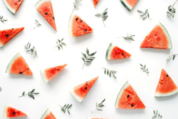 watermelon pieces pattern on white background. flat lay, top view