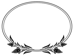Black and white oval frame with decorative flowers silhouettes. Vector clip art.