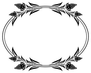 Black and white oval frame with decorative flowers silhouettes. Vector clip art.