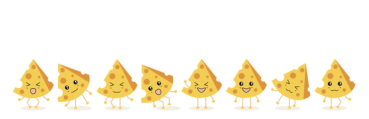 The illustration.The eight triangular pieces of cheese yellow ,dance and laugh in various poses on a white background.