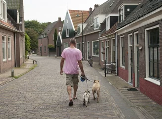 Foto op Aluminium Walking the dog, volwassen man laat honden uit in dorpsstraat © monicaclick