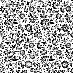 floral seamless pattern in black and white with leaves and flower design elements