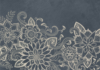 hand drawn flower design sketch in white ink on black background, elegant vintage style fancy floral doodle pattern
