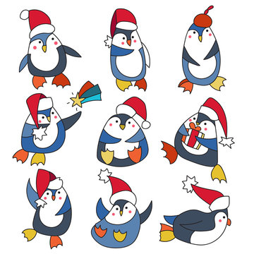 Penguin in christmas hat doodle