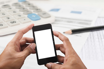 Man hands using smart phone white screen