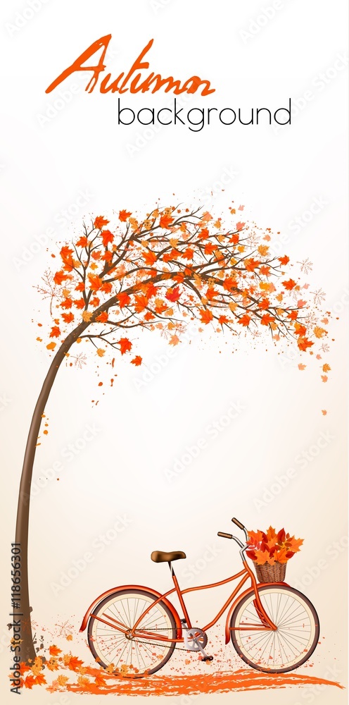 Poster Autumn tree background with bicycle. Vector.