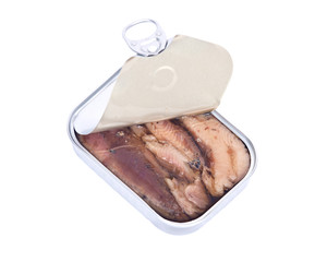 Open metal can with sardines in olive oil