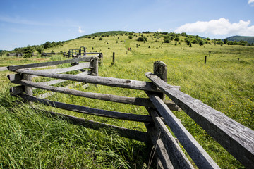 Fototapeta na wymiar Split rail fence crosses scenic green grassy hill.